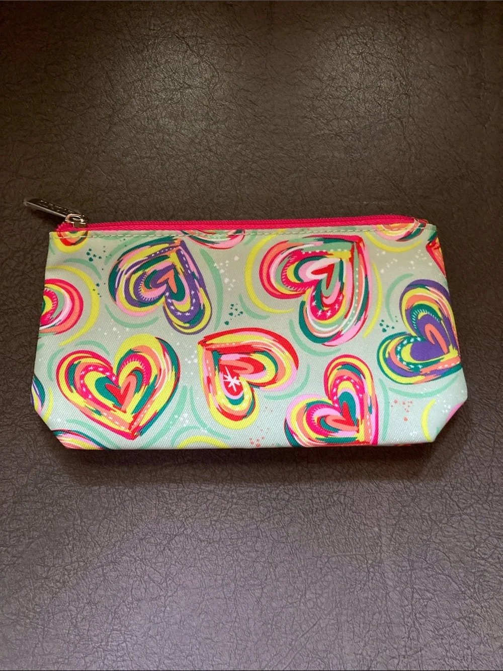 Clinique Multicolor Heart Print Cosmetic Pouch with Hot Pink Zipper